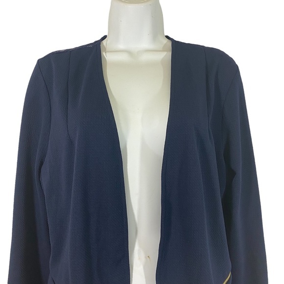 Kali Size Large Blazer Jacket Navy Blue Open Front Lace Gold Zipper Pocket - Picture 4 of 10